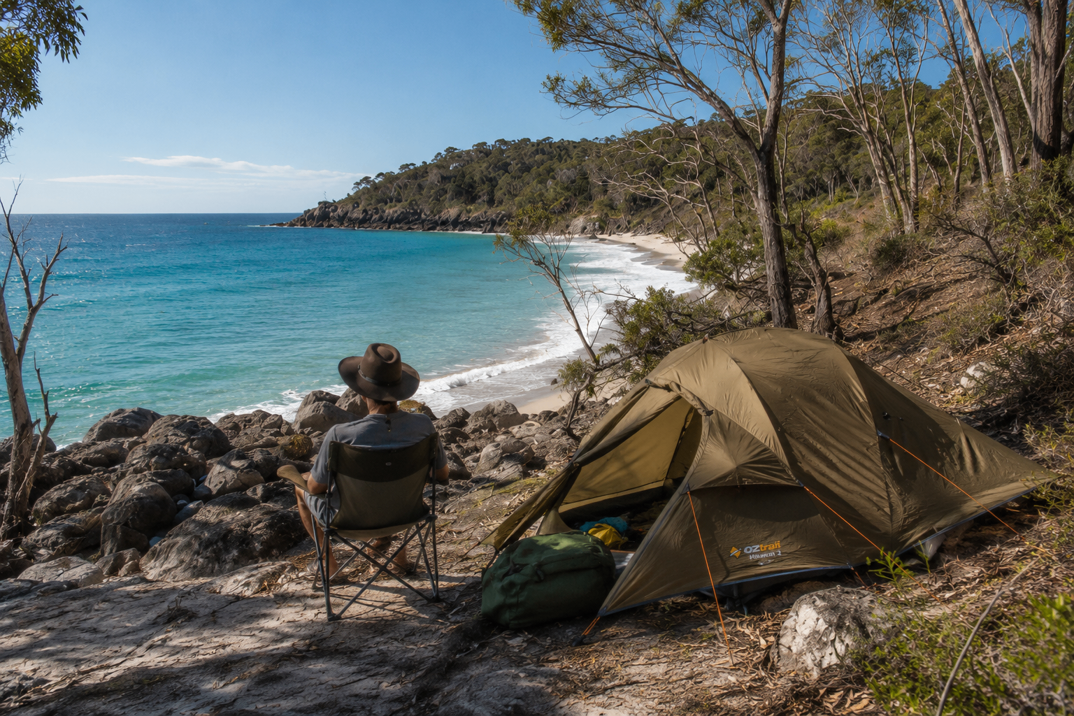 Friends relaxing at a sunlit campsite in Australian bushland